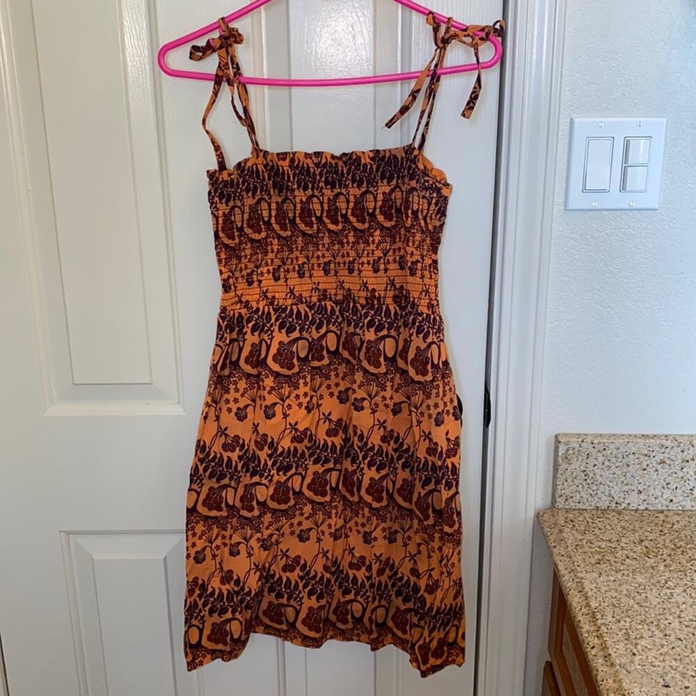 Topshop Smocked Fit Sleeveless Mini Dress Floral Print Sz 12 Vintage Y2K Orange